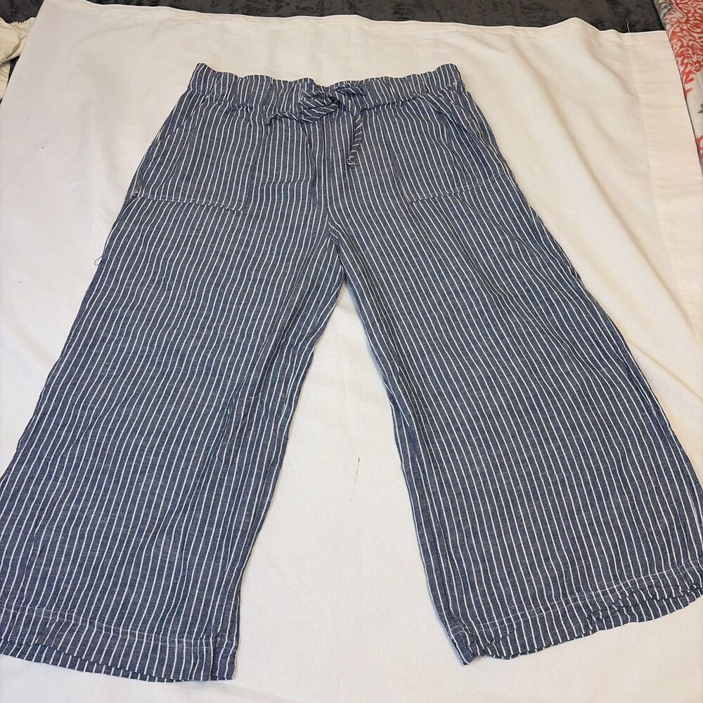 Thread & Supply Women XL Cropped Pants Blue White Stripe Wide Leg Rayon